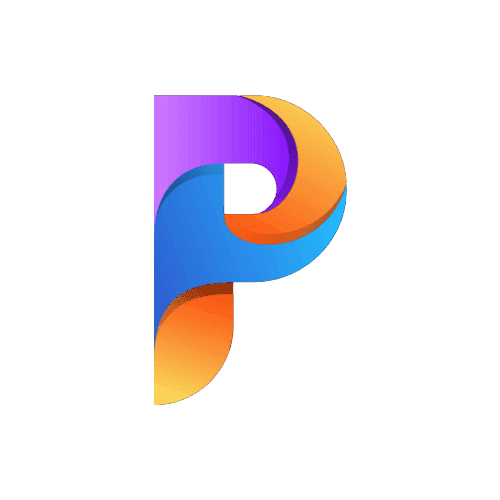 Stylized P logo with gradient colors in purple, blue, and orange.